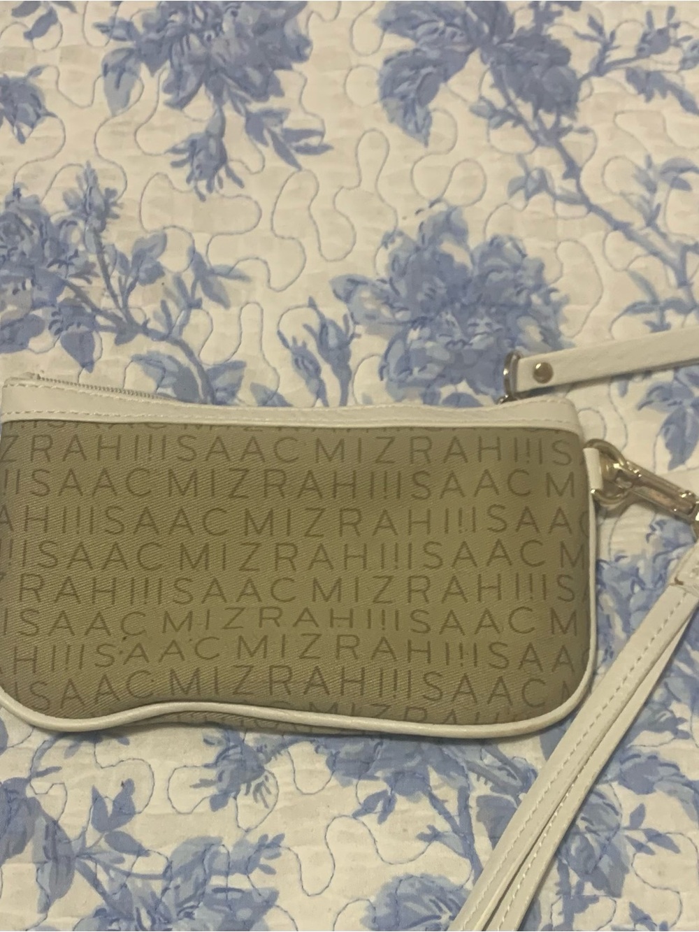 Isaac Mizrahi Beige Logo Wristlet with White Trim